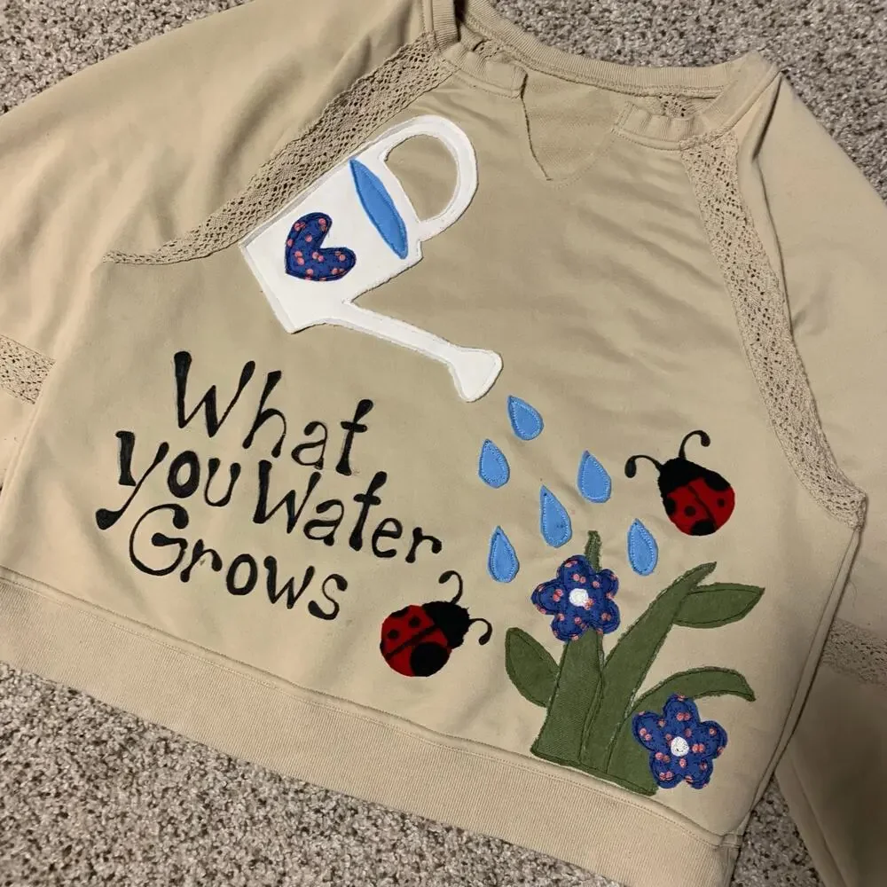 Custom Upcycled “What You Water Grows” Patchwork Sweater Ladybug Flower M